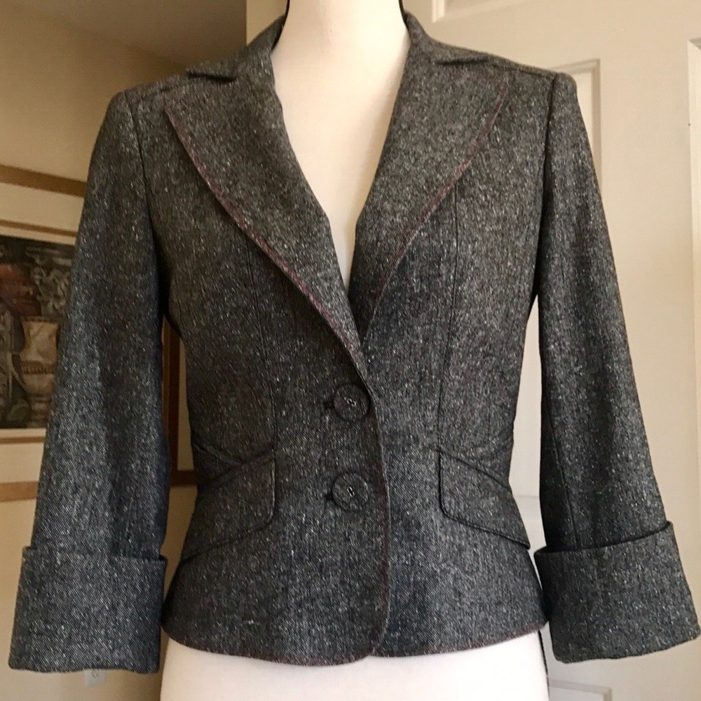 BEBE VINTAGE PINK EMBROIDERED GREY WOOL BLAZER JACKET